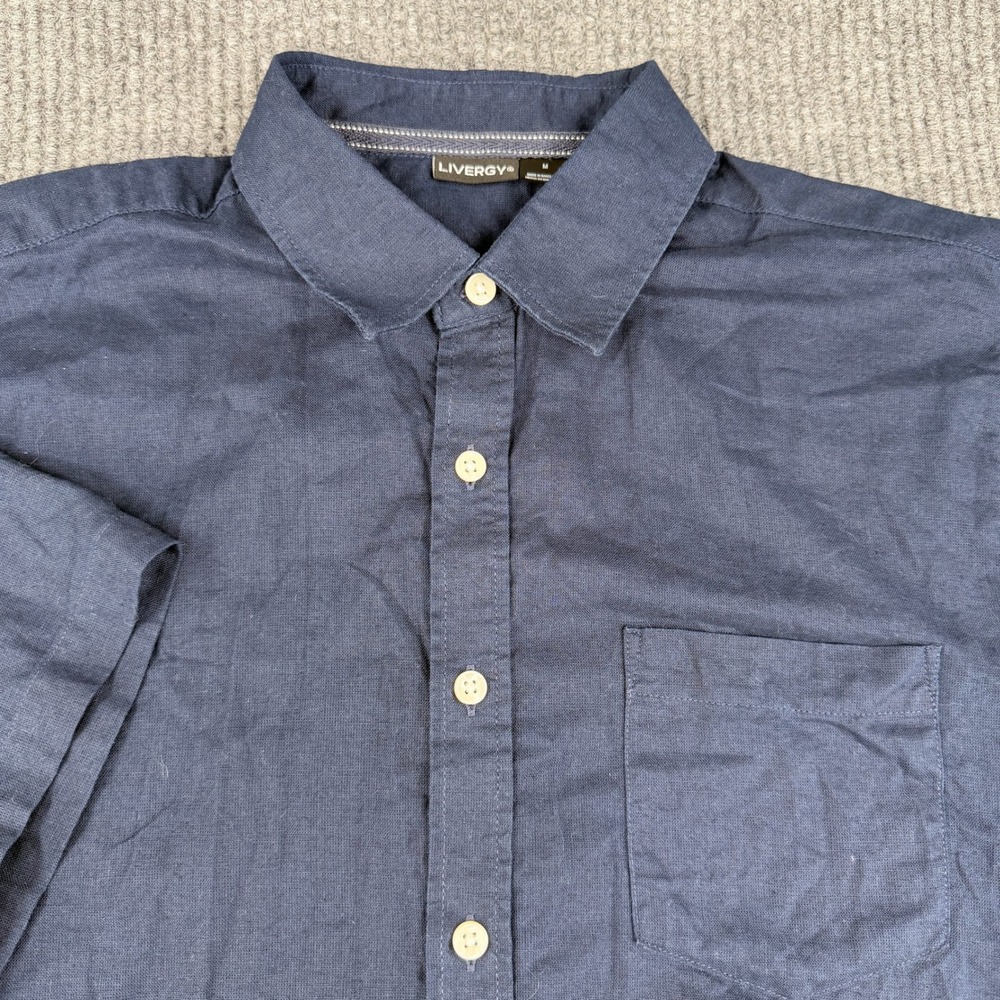 Livergy Mens Linen Blend Short Sleeve Button Down Shirt Size Medium Blue Beach